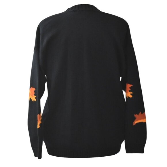 Vintage Picone Sport Black Cardigan Sweater Pumpkin Fall Leaves L 100% Cotton - Picture 2 of 5
